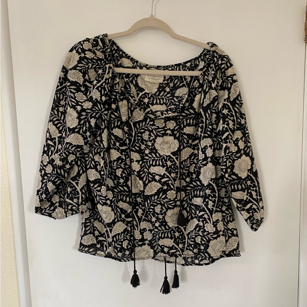 Ralph Lauren Denim & Supply Boho Black & Cream Floral Peasant Top Romantic Date